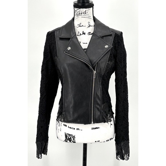 Guess Jackets & Blazers - GUESS Los Angeles Moto Jacket Size Small Black Faux Leather Lace Floral Zip